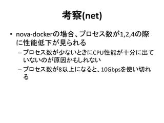 考察(net)
• nova-dockerの場合、プロセス数が1,2,4の際
に性能低下が見られる
– プロセス数が少ないときにCPU性能が十分に出て
いないのが原因かもしれない
– プロセス数が8以上になると、10Gbpsを使い切れ
る
 