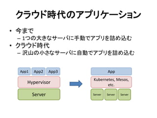 クラウド時代のアプリケーション
• 今まで
– 1つの大きなサーバに手動でアプリを詰め込む
• クラウド時代
– 沢山の小さなサーバに自動でアプリを詰め込む
Server
Hypervisor
App1 App2 App3
Server
Kubernetes, Mesos,
etc.
App
Server Server
 
