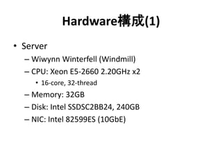 Hardware構成(1)
• Server
– Wiwynn Winterfell (Windmill)
– CPU: Xeon E5-2660 2.20GHz x2
• 16-core, 32-thread
– Memory: 32GB
– Disk: Intel SSDSC2BB24, 240GB
– NIC: Intel 82599ES (10GbE)
 