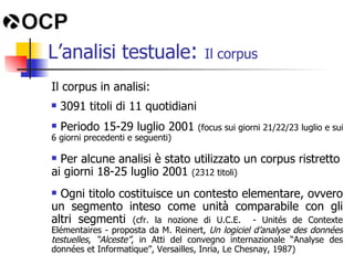 L’analisi testuale :  Il corpus Il corpus in analisi: ,[object Object],[object Object],[object Object],[object Object]