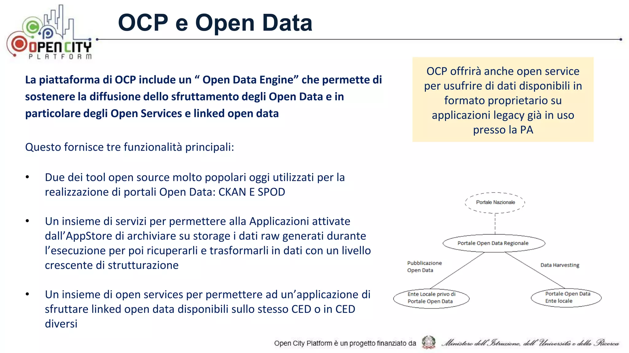 OCP e Open Data
La piattaforma di OCP include un “ Open Data Engine” che permette di
sostenere la diffusione dello sfruttamento degli Open Data e in
particolare degli Open Services e linked open data
Questo fornisce tre funzionalità principali:
• Due dei tool open source molto popolari oggi utilizzati per la
realizzazione di portali Open Data: CKAN E SPOD
• Un insieme di servizi per permettere alla Applicazioni attivate
dall’AppStore di archiviare su storage i dati raw generati durante
l’esecuzione per poi ricuperarli e trasformarli in dati con un livello
crescente di strutturazione
• Un insieme di open services per permettere ad un’applicazione di
sfruttare linked open data disponibili sullo stesso CED o in CED
diversi
OCP offrirà anche open service
per usufrire di dati disponibili in
formato proprietario su
applicazioni legacy già in uso
presso la PA
 