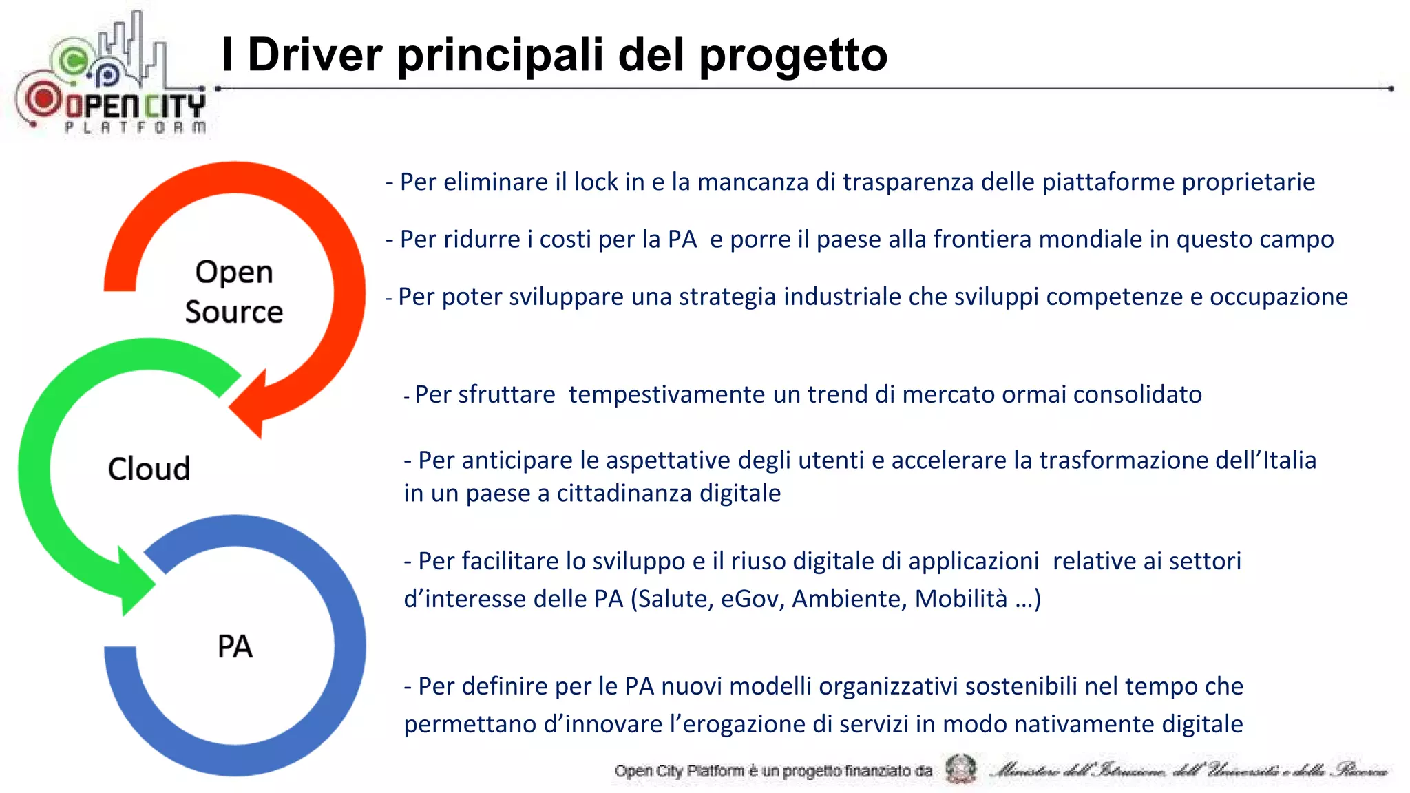 I Driver principali del progetto
- Per eliminare il lock in e la mancanza di trasparenza delle piattaforme proprietarie
- Per ridurre i costi per la PA e porre il paese alla frontiera mondiale in questo campo
- Per poter sviluppare una strategia industriale che sviluppi competenze e occupazione
- Per sfruttare tempestivamente un trend di mercato ormai consolidato
- Per anticipare le aspettative degli utenti e accelerare la trasformazione dell’Italia
in un paese a cittadinanza digitale
- Per facilitare lo sviluppo e il riuso digitale di applicazioni relative ai settori
d’interesse delle PA (Salute, eGov, Ambiente, Mobilità …)
- Per definire per le PA nuovi modelli organizzativi sostenibili nel tempo che
permettano d’innovare l’erogazione di servizi in modo nativamente digitale
 