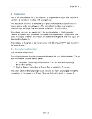 Page 12 (81)
OCPP 1.5
3 Introduction
This is the specification for OCPP version 1.5. Significant changes with respect to
version 1.2 have been marked with change bars.
This document describes a standard open protocol for communication between
charge points and a central system. The control unit inside a charge point is
referred to as a Charge Box; the central system as Central System.
Some basic concepts are explained in the sections below in this introductory
chapter. Chapter 4 and 5 describe the operations supported by the protocol. The
exact messages and their parameters are detailed in chapter 6 and data types are
described in chapter 7.
The protocol is designed to be implemented with SOAP over HTTP. See chapter 8
for more details.
3.1 General views of operation
This section is informative.
The following figures describe the general views of the operations between Charge
Box and Central System for two cases:
1) a Charge Box requesting authentication of a card and sending charge
transaction status,
2) Central System requesting a Charge Box to update its firmware.
The arrow labels in the following figures indicate the PDUs exchanged during the
invocations of the operations. These PDUs are defined in detail in chapter 6.
 