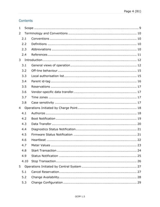 Page 4 (81)
OCPP 1.5
Contents
1 Scope ..................................................................................................... 9
2 Terminology and Conventions .................................................................. 10
2.1 Conventions .................................................................................... 10
2.2 Definitions ...................................................................................... 10
2.3 Abbreviations .................................................................................. 10
2.4 References...................................................................................... 11
3 Introduction........................................................................................... 12
3.1 General views of operation................................................................ 12
3.2 Off-line behaviour ............................................................................ 15
3.3 Local authorisation list...................................................................... 15
3.4 Parent id-tag ................................................................................... 16
3.5 Reservations ................................................................................... 17
3.6 Vendor-specific data transfer............................................................. 17
3.7 Time zones ..................................................................................... 17
3.8 Case sensitivity ............................................................................... 17
4 Operations Initiated by Charge Point......................................................... 18
4.1 Authorize ........................................................................................ 18
4.2 Boot Notification .............................................................................. 19
4.3 Data Transfer .................................................................................. 20
4.4 Diagnostics Status Notification........................................................... 21
4.5 Firmware Status Notification ............................................................. 21
4.6 Heartbeat ....................................................................................... 22
4.7 Meter Values ................................................................................... 23
4.8 Start Transaction ............................................................................. 24
4.9 Status Notification ........................................................................... 25
4.10 Stop Transaction.............................................................................. 26
5 Operations Initiated by Central System ..................................................... 27
5.1 Cancel Reservation........................................................................... 27
5.2 Change Availability........................................................................... 28
5.3 Change Configuration ....................................................................... 29
 