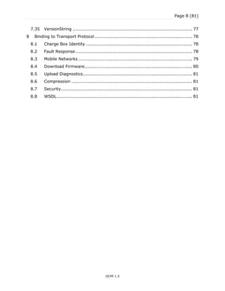 Page 8 (81)
OCPP 1.5
7.35 VersionString .................................................................................. 77
8 Binding to Transport Protocol ................................................................... 78
8.1 Charge Box Identity ......................................................................... 78
8.2 Fault Response ................................................................................ 78
8.3 Mobile Networks .............................................................................. 79
8.4 Download Firmware.......................................................................... 80
8.5 Upload Diagnostics........................................................................... 81
8.6 Compression ................................................................................... 81
8.7 Security.......................................................................................... 81
8.8 WSDL............................................................................................. 81
 