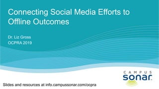 Connecting Social Media Efforts to
Offline Outcomes
Dr. Liz Gross
OCPRA 2019
Slides and resources at info.campussonar.com/ocpra
 