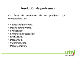 Resolución de problemas
Las fases de resolución de un problema con
computadora son:
• Análisis del problema.
• Diseño del ...