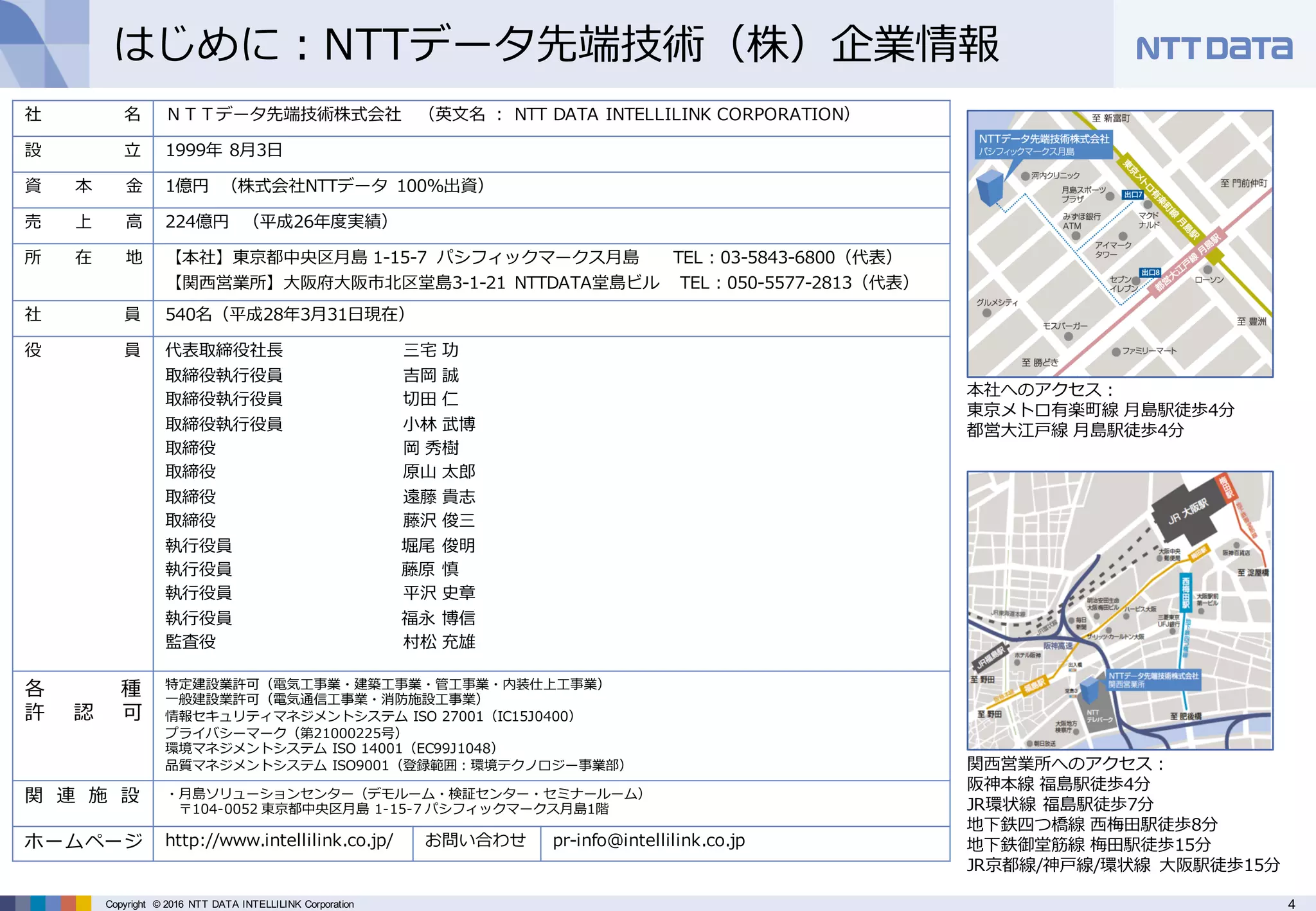 4Copyright © 2016 NTT DATA INTELLILINK Corporation
はじめに：NTTデータ先端技術（株）企業情報
社 名 ＮＴＴデータ先端技術株式会社 （英⽂名 ： NTT DATA INTELLILINK CORPORATION）
設 ⽴ 1999年 8⽉3⽇
資 本 ⾦ 1億円 （株式会社NTTデータ 100%出資）
売 上 ⾼ 224億円 （平成26年度実績）
所 在 地 【本社】東京都中央区⽉島 1-15-7 パシフィックマークス⽉島 TEL：03-5843-6800（代表）
【関⻄営業所】⼤阪府⼤阪市北区堂島3-1-21 NTTDATA堂島ビル TEL：050-5577-2813（代表）
社 員 540名（平成28年3⽉31⽇現在）
役 員 代表取締役社⻑ 三宅 功
取締役執⾏役員 吉岡 誠
取締役執⾏役員 切⽥ 仁
取締役執⾏役員 ⼩林 武博
取締役 岡 秀樹
取締役 原⼭ 太郎
取締役 遠藤 貴志
取締役 藤沢 俊三
執⾏役員 堀尾 俊明
執⾏役員 藤原 慎
執⾏役員 平沢 史章
執⾏役員 福永 博信
監査役 村松 充雄
各 種
許 認 可
特定建設業許可（電気⼯事業・建築⼯事業・管⼯事業・内装仕上⼯事業）
⼀般建設業許可（電気通信⼯事業・消防施設⼯事業）
情報セキュリティマネジメントシステム ISO 27001（IC15J0400）
プライバシーマーク（第21000225号）
環境マネジメントシステム ISO 14001（EC99J1048）
品質マネジメントシステム ISO9001（登録範囲：環境テクノロジー事業部）
関 連 施 設 ・⽉島ソリューションセンター（デモルーム・検証センター・セミナールーム）
〒104-0052 東京都中央区⽉島 1-15-7 パシフィックマークス⽉島1階
ホームページ http://www.intellilink.co.jp/ お問い合わせ pr-info@intellilink.co.jp
本社へのアクセス：
東京メトロ有楽町線 ⽉島駅徒歩4分
都営⼤江⼾線 ⽉島駅徒歩4分
関⻄営業所へのアクセス：
阪神本線 福島駅徒歩4分
JR環状線 福島駅徒歩7分
地下鉄四つ橋線 ⻄梅⽥駅徒歩8分
地下鉄御堂筋線 梅⽥駅徒歩15分
JR京都線/神⼾線/環状線 ⼤阪駅徒歩15分
 