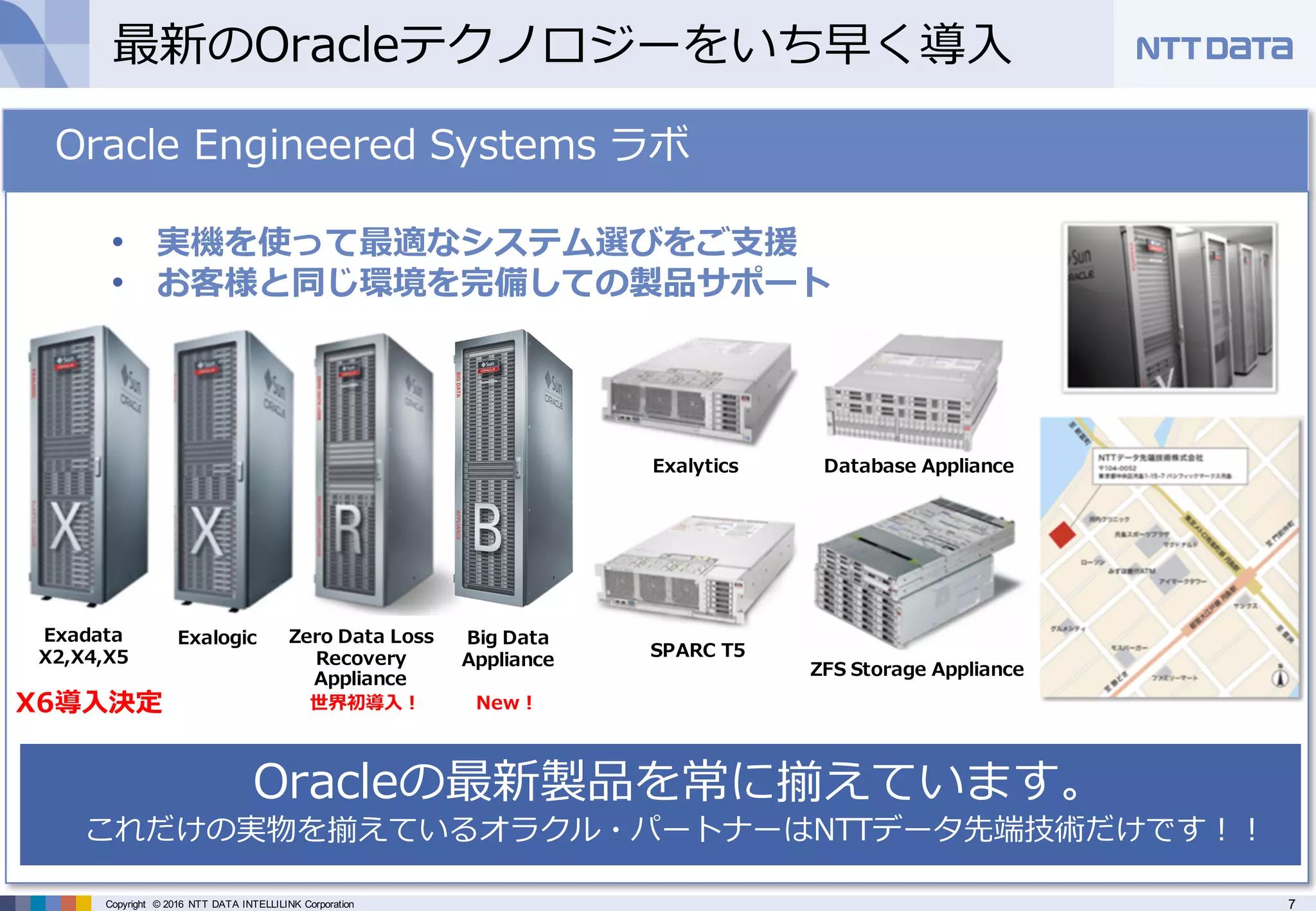 7Copyright © 2016 NTT DATA INTELLILINK Corporation
最新のOracleテクノロジーをいち早く導⼊
Oracle Engineered Systems ラボ
Oracleの最新製品を常に揃えています。
これだけの実物を揃えているオラクル・パートナーはNTTデータ先端技術だけです！！
• 実機を使って最適なシステム選びをご⽀援
• お客様と同じ環境を完備しての製品サポート
Exadata
X2,X4,X5
Exalogic Zero Data Loss
Recovery
Appliance
Big Data
Appliance
Exalytics Database Appliance
SPARC T5
ZFS Storage Appliance
New！世界初導⼊！X6導⼊決定
 