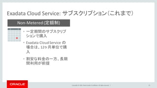 Copyright	©	2016, Oracle	and/or	its	affiliates.	All	rights	reserved.		|
Non-Metered	(定額制)
Exadata	Cloud	Service:	サブスクリプション（これまで）
19
• 一定期間のサブスクリプ
ションで購入
• Exadata	Cloud	Service	の
場合は、12ヶ月単位で購
入
• 割安な料金の一方、長期
間利用が前提
 