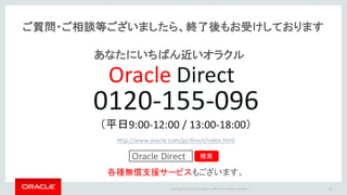 Copyright	©	2016 Oracle	and/or	its	affiliates.	All	rights	reserved.		| 35
ご質問・ご相談等ございましたら、終了後もお受けしております
0120-155-096
（平日9:00-12:00	/	13:00-18:00）
http://www.oracle.com/jp/direct/index.html
各種無償支援サービスもございます。
Oracle	Direct 検索
Oracle Direct
あなたにいちばん近いオラクル
 