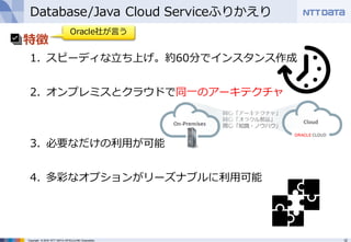 12Copyright © 2016 NTT DATA INTELLILINK Corporation
Database/Java Cloud Serviceふりかえり
• 特徴
1. スピーディな⽴ち上げ。約60分でインスタンス作成
2. オンプレミスとクラウドで同⼀のアーキテクチャ
3. 必要なだけの利⽤が可能
4. 多彩なオプションがリーズナブルに利⽤可能
Oracle社が⾔う
 