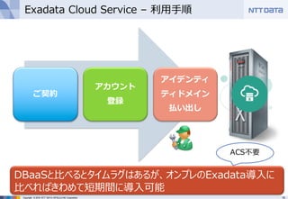 15Copyright © 2016 NTT DATA INTELLILINK Corporation
Exadata Cloud Service – 利⽤⼿順
ご契約
アカウント
登録
アイデンティ
ティドメイン
払い出し
DBaaSと⽐べるとタイムラグはあるが、オンプレのExadata導⼊に
⽐べればきわめて短期間に導⼊可能
ACS不要
 