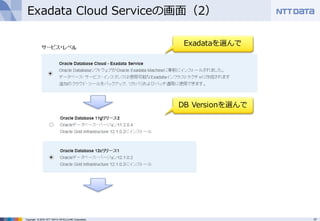17Copyright © 2016 NTT DATA INTELLILINK Corporation
Exadata Cloud Serviceの画⾯（2）
Exadataを選んで
DB Versionを選んで
 