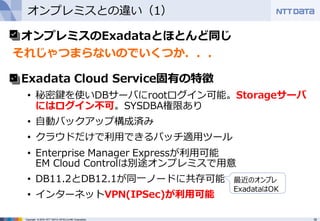 19Copyright © 2016 NTT DATA INTELLILINK Corporation
オンプレミスとの違い（1）
• オンプレミスのExadataとほとんど同じ
それじゃつまらないのでいくつか．．．
• Exadata Cloud Service固有の特徴
• 秘密鍵を使いDBサーバにrootログイン可能。Storageサーバ
にはログイン不可。SYSDBA権限あり
• ⾃動バックアップ構成済み
• クラウドだけで利⽤できるパッチ適⽤ツール
• Enterprise Manager Expressが利⽤可能
EM Cloud Controlは別途オンプレミスで⽤意
• DB11.2とDB12.1が同⼀ノードに共存可能
• インターネットVPN(IPSec)が利⽤可能
最近のオンプレ
ExadataはOK
 