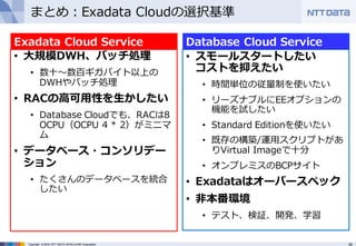 28Copyright © 2016 NTT DATA INTELLILINK Corporation
まとめ：Exadata Cloudの選択基準
• ⼤規模DWH、バッチ処理
• 数⼗〜数百ギガバイト以上の
DWHやバッチ処理
• RACの⾼可⽤性を⽣かしたい
• Database Cloudでも、RACは8
OCPU（OCPU 4 * 2）がミニマ
ム
• データベース・コンソリデー
ション
• たくさんのデータベースを統合
したい
Exadata Cloud Service
• スモールスタートしたい
コストを抑えたい
• 時間単位の従量制を使いたい
• リーズナブルにEEオプションの
機能を試したい
• Standard Editionを使いたい
• 既存の構築/運⽤スクリプトがあ
りVirtual Imageで⼗分
• オンプレミスのBCPサイト
• Exadataはオーバースペック
• ⾮本番環境
• テスト、検証、開発、学習
Database Cloud Service
 