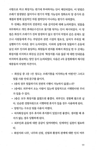 사항으로 하고 화장지는 변기에 투여하자는 안이 제안되었다. 이 방법은
쓰레기 발생량은 없어지나 변기가 막힐 가능성과 정화조의 양 증가의 문
제점과 함께 실질적인 자원 절약안이 아니라는 평가가 내려졌다.
두 번째는 화장지의 전면적인 시용 금지안에 대해 논의하였다. 뒷물을
의무화하고 개인 휴대손수건으로 물기를 닦자는 안이 제시되었다. 이 방
법은화장지 쓰레기가전혀 발생하지 않고 변기의 막힘과같은문제도 없
으나 사람들에게 주는 부담감과 관련 시설의 필요성， 날씨가 추워질 때
실행하기가 어려운 점이 논의되었다. 이외에 실행시에 뒷물하기 운동에
낯선 외부 인사와 출입하는 회원들의 편의를 위해서 화장실 한 두 곳에는
회장지를 비치하고 화장실 곳곳에 ‘화장지를 사용 않음’ 에 대한 안내문을
비치하여 홍보히는밍반등이 논의되었다. 다음은 4차공청회에서 제시된
대중들의 다OJ=한 의견이다.
• 화장실 중 2층 1칸 정도는 쓰레기통을 비치하는게 어떤가? 그리고
뒷물 사용 안내 문구를 붙이자.
• 3층의 경우 뒷물하기의 전면적 시행이 가능하지 않겠느냐?
• 3층에도 외부에서 오는 사람이 있는데 일방적으로 시행한다면 무리
가있을수있다.
• 3층은 모두 화장지를 없였으면 좋겠다. 외부인도 경험해 봤으면 싶
다. 단순한 경험차원으로 시행하면 휴지가 있을 경우 사용하게 된다.
• 양변기는구조상뒷물사용이 어렵다.
• 여자화장실의 경우 휴지와 휴지통이 있었으면 좋겠다. 생리할 때 휴
지가 없는 경우 당황하게 된다.
• 외부인과 운동에 대한 공감이 있어야한다. 단계적인 실천이 펼요하
다.
• 화장지와 나무， 나무와 산림， 산림과 환경의 관계에 대한 인식 여부
‘j()
 