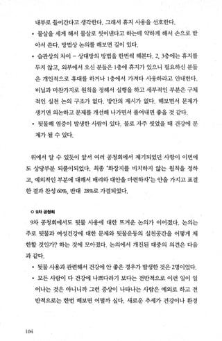 내부로 들어간다고 생각한다. 그래서 휴지 사용을 선호한다.
• 물살을 세게 해서 물살로 씻어낸다고 하는데 의봐게 해서 손으로 받
아서 쓴다. 방법상 논의를 해보면 길이 있다.
• 습관상의 차이 - 상대방의 방법을 한번씩 해본다.2， 3층에는 휴지를
두지 않고， 외부에서 오신 분들은 l층에 휴지가 있으니 필요하신 분들
은 개인적으로 휴대를 하거나 l층에서 가져다 사용하라고 안내한다.
비닐과 마참가지로 원칙을 정해서 실행을 하고 세부적인 부분은 구체
적인 실천 논의 구조가 없다. 방안의 제시가 없다. 해보면서 문제가
생기면 의논하고 문제를 개선해 나가면서 풀어내면 좋을 것 같다.
• 뒷물해 염증이 발생한 사람이 있다. 물로 지주 씻었을 때 건강에 문
제가될수있다.
위에서 알 수 있듯이 앞서 여러 공청회에서 제기되었던 사항이 이번에
도 상당부분 되풀이되었다. 최종 ”회장지를 비치하지 않는 원칙을 정하
고， 예외적인 부분에 대해서 배려와 대안을 마련하자”는 안을 가지고 표결
한 결과 찬성 ω%， 반대 28%로 가결되었다.
。 9차공청회
9차 공청회에서도 뒷물 사용에 대한 뜨거운 논의가 이어졌다. 논의는
주로 뒷물과 여성건강에 대한 문제와 뒷물운동의 실천공간을 어떻게 제
한할 것인가? 하는 것에 모아졌다. 논의에서 개진된 대중의 의견은 다음
과같다.
• 뒷물사용과관련해서 건강에 안좋은경우가발생한것은 2명이었다.
• 모든 사람이 다 건강에 나쁘다라기 보다는 전반적으로 이런 일이 일
어나는 것은 아니니까 그런 증상이 나타나는 사람은 예외로 하고 전
반적으로는 한번 해보면 어떨까 싶다. 새로운 추세가 건강이나 환경
1M
 