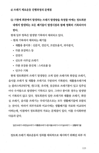 4) 쓰레기 제로운동 진행과정의 문제점
(1) 기왕에 회관에서 발생하는 쓰레기 발생량을 측정할 바에는 정토회관
내에서 발생하는 모든 폐기물이 발생시점과 함께 명확히 기록되어야
한다.
현재 일부 항목은 발생량 기록에서 제외되고 있다.
- 현재 기록에서 제외되는 폐기물
• 재활용종이류 : 신문지， 전단지， 프린트용지， 과자봉지，
• 각종포장박스등
• 건전지
• 신도부사무실쓰레기
• 각종포장용충진재 : 스티로폼등
• 인구수기록
현재 정토회관의 쓰레기 발생량은 크게 일반 쓰레기와 화장실 쓰레기，
음식물 쓰레기 및 재활용 쓰레기로 구분되어 기록된다. 재활용쓰레기에
는 플라스틱 /PET병， 캔/고철， 유리병， 옷감류로 쓰레기통이 있고 일주일
마다 수거함으로 발생량이 기록되고 있다. 그러나 종이류 경우는 발생량
이 기록되지 않고 있다. 정토회관의 일반 쓰레기와 재활용 쓰레기， 화장
실 쓰레기， 음식물 쓰레기는 국내기준으로는 모두 생활폐기물에 포함되
는 것이다. 따라서 외부자료와 비교시에는 생활폐기물 자료와 비교되어
얘}는데， 이점에서 정토회관의 자료는 문제점이 있다. 이를 수식화하면
다음과같다.
일반쓰레기+화장실쓰러기+재활용쓰레기+음식물쓰레기+다각실쓰레기 = 생활폐기물
정토회 쓰레기 제로운동의 성과를 대외적으로 제시하기 위해선 외부 자
§
y
F
ι
’i
;
ι
 