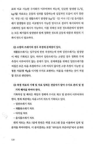 료와 비교 가능한 수치화가 이루어져야 히는데， 단순한 발생량 (L!일，
kg/월) 자료로는 운동의 성과를 입증하는데 실질적인 도움이 되지 못한
다. 국민 l 인 l 일 생활쓰레기 발생량 (kg/일 · 인) 이나 l 인 l 일 음식물쓰
레기 발생량과 같은 비교평가가 가능한 방식으로 결과가 제시되어야 대
사회적인 성과 제시가 가능하다. 이를 위해선 또한 정토회관에서 발생하
는 모든 폐기물의 발생량과 함께 정확한 정토회 공동체 대중과 회원의 기
록이반드시필요하다.
(2) 소량의 쓰레기의 정우 측정에 문제점이 있다.
재활용쓰레기는 일주일에 한번 측정하는데 반해 일반쓰레기는 발생량
이 매일 기록되고 있다. 따라서 일반쓰레기는 소량일 경우 정확한 무게
측정이 이루어지지 않는 문제가 있다. 문제해결을 위해선 일반쓰레기를
며칠간 모은 다음 측정하거나 그게 여의치 않다면 소량 측정이 가능한 실
험용 저울(몇 백g을 디지털 수치로 표현히는 저울)을 사용히는 것이 적절
할것으로판단된다.
(3) 측정 자료의 기채 및 자료 입력은 전담자가맡아수시로관리 및 정
기적 해석을하여야한다.
기록작성 및 해석은 책임자 정해져 수시로 체크 및 분석이 이루어져야
한다. 현재 회관에는 다음 4가지 차트가 기록되고 있다.
-일반쓰레기차트
-재활용쓰레기차트
-다각실차트
-음식물쓰레기차트
위의 차트는 최소 1달에 한번은 엑셀 프로그램 등을 이용하여 입력 및
분석을 하여야한다. 이 분석결과는 또한 n내마음의 푸른마당”에서 공개하
120
 