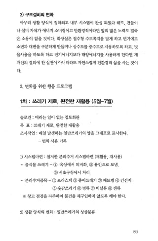 3) 구조설비의 변화
아무리 생활 양식이 정착되고 내부 시스램이 완성 되었다 해도， 건물이
나 설비 자체가 에너지 소비형이고 반환경적이라면 앞의 많은 노력도 결국
은 소용이 없을 것이다. 화장실은 절수형 수도목지를 달게 하고 변기에도
소변과 대변을 구분하게 만들거나 상수도를 중수도로 사용하도록 하고， 빗
물사용을 하도록 하고 전기에너지보다 태양에너지를 사용하게 한다면 개
개인의 결의에 찬실천이 아니더라도자연스럽게 친환경적 삶을사는것이
다.
3. 변화를 위한 행동 프로그램
1 차 : 쓰레기 제로， 완전한 재활용 (5월-7월)
슬로건 : 벼리는 일이 없는 정토회관
목 표 : 쓰레기 제로， 완전한 재활용
좌싹업 : 매일 발생히는 일반쓰레기의 OJ=-을 그래프로 표시한다.
-변화사유기록
1) 시스템마련 : 철저한 분리수거 시스램마련 (재활용， 재사용)
• 음식물쓰레기 - (D 옥상에서 퇴비화，@ 용인으로보냄.
@ 서초구청에서처리 .
• 분리수거품목 - (D 프라스틱 @ 종이쓰레기 @ 패트병 @ 건전지
@옷감쓰레기 @ 병류 @ 비닐류 @ 캔류
※ 창고 점검을 자주하여 물건을 재구입하지 않도록 해야 한다.
2) 생활 양식의 변화 : 일반쓰레기의 성상분류
‘93
 