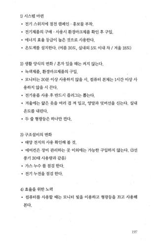 1) 시스랩마련
• 전기 스위치에 절전 캠페인 · 홍보물 부착.
• 전기제품의구매 · 사용시환경마크제품확인후구입.
• 에너지 효율 등급이 높은 것으로 사용한다.
• 온도계를 설치한다. (여름 30도， 실내외 5도 이내 차 / 겨울 18도)
2) 생활 양식의 변화 / 혼자 있을 때는 켜지 않는다.
• 녹색제품， 환경마크제품의 구입.
• 모니터는 30분이상사용하지않을시，컴퓨터본체는 1시간이상사
용하지않을시끈다.
• 전기용품 사용 후 반드시 플러그는 뽑는다.
• 겨울에는 앓은 옷을 여러 겹 껴 입고， 양말과 덧버선을 신는다. 실내
온도를내린다.
• 두줄형광등은하나만켠다.
3) 구조설비의 변화
• 태양전지의 사용확인해볼것.
• 에어컨은 장비 관리히는 곳 이외에는 가능한 구입하지 않는다. (3선
풍기 30대 사용량과 같음)
• 가스누수를점검 한다.
• 전기 누전을 점검 한다.
4) 효율을위한노력
• 검퓨터를 사용할 때는 모니터 빛을 이용하고 형광등을 끄고 사용해
본다.
197
 