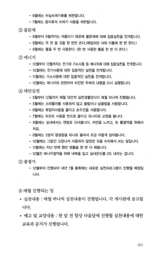 -6월에는 비닐쓰레기류를 제한합니다.
-7월에는 종이류의 쓰레기 사용을 제한합니다.
@물문제
-8월부터 9월까지는 여름이기 때문에 물문제에 대해 집중실천을 전개합니다
-8월에는 두 번 쓸 것을 한 번만 쓴다.(매일하던 샤워 이틀에 한 번 한다 )
-9월에는 물을 두 번 사용한다. (한 번 사용한 물을 한 번 더 쓴다J
@에너지
-10월부터 12월까지는 전기와 가스사용 등 에너지에 대해 집중실천을 전개합니다.
- 10월에는 전기사용에 대한 집중적인 실천을 전개합니다.
- 11 월에는 가스사용에 대한 집중적인 실천을 전개합니다
-12월에는 에너지와 관련하여 미진한 주제의 내용을 다시 실행합니다
@대안실천
-5월부터 12월까지 매월 대안적 실천생활양식이 매월 하나씩 진행됩니다.
-5월에는 스테플러를 사용하지 않고 클립이나 날클립을 사용합니다.
-6월에는 화장지사용을 줄이고 손수건을 사용합니다
-7월에는 프린트 사용을 반으로 줄이고 모니터로 교정을 봅니다.
-8월에는 실내에서는 맨발로 다녀봅니다. 자언을 느끼고， 또 물절약을 위해서
지요.
-9월에는 2쌍의 형광등을 하나로 줄여서 조금 어둡게 살아봅니다.
-10월에는 그동안 고장나서 사용하지 않았던 것을 수리해서 쓰는 달입니다.
- 11 월에는 지난 번에 했던 뒷물을 한 번 더 해봅니다.
- 12월은 에너지절약을 위해 내복을 입고 실내온도를 2도 내리는 겁니다.
@총평가
- 12월부터 진행되어 내년 1 월 총회에는 새로운 실천프로그램이 진행될 예정입
니다.
3) 매월진행되는일
• 실천내용 : 매월 하나씩 실천내용이 진행됩니다. 각 게시판에 공고됩
니다.
• 예고 및 교양내용 : 한 달 전 항상 다옴달에 진행될 실천내용에 대한
교육과공지가진행됩니다.
;졌)j
 
