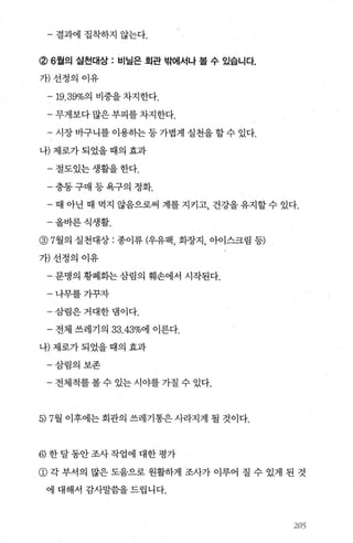 /
- 결과에 집착하지 않는다.
@6월의 실천대상 : 비닐은 회관 밖에서나 볼 수 있습니다.
가)선정의 이유
-19.39%의 비중을 차지한다.
- 무게보다 많은 부피를 차지한다.
- 시장 바구니를 이용하는 등 가볍게 실천을 할 수 있다.
나) 제로가 되었을 때의 효과
- 절도있는 생활을 한다.
-충동구매 등욕구의 정화.
- 때 아닌 때 먹지 않음으로써 계를 지키고 건강을 유지할 수 있다.
-올바른식생활.
@ 7월의 실천대상 : 종이류 (우유팩， 화장지， 아이스크림 등)
개선정의이유
- 문명의 황폐화는 삼림의 훼손에서 시작된다.
-나무를가꾸자
-삼림은거대한뱀이다.
- 전체 쓰레기의 33.43%에 이른다.
나) 제로가 되었을 때의 효과
-삼림의보존
- 전체적를 볼 수 있는 시야를 가질 수 있다.
5) 7월 이후에는 회관의 쓰레기통은 사라지게 될 것이다.
6) 한달동안조사작업에 대한평가
@ 각 부서의 많은 도움으로 원활하게 조사가 이루어 질 수 있게 된 것
에 대해서 감사말씀을드립니다.
20종
 