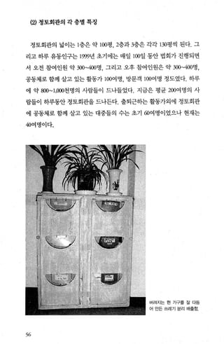 (2) 정토회관의 각 층별 특정
정토회관의 넓이는 1층은 약 100평 2층과 3층은 각각 130평씩 된다. 그
리고 하루 유동인구는 1999년 초기에는 매일 100일 동안 법회가 진행되면
서 오전 참여인원 약 300~400명 그리고 오후 참여인원은 약 300~400명，
공동제로 함께 살고 있는 활동가 100여명 방문객 100여명 정도였다. 하루
에 약 8OO~ 1，OOO천명의 사람들이 드나들었다. 지금은 평균 200여명의 사
람들이 하루동안 정토회관을 드나든다. 출퇴근하는 활동가외에 정토회관
에 공동체로 함께 살고 있는 대중들의 수는 초기 ω여명이었으나 현재는
40여명이다.
56
버려지는 헌 기구롤 잘 다듬
어 만든 쓰레기 분리 배출함.
 