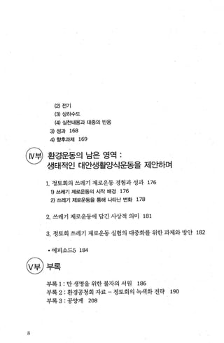 (2) 전기
(3) ~히수도
(4) 실천내용과 대중의 반응
3) 성과 168
4) 향후과제 169
(IV부J 환경운동의 남은 영역 :
、~ 생태적인 대안생활양식운동을 제요f하며
1. 정토회의 쓰레기 제로운동 경험과 성과 176
1) 쓰레기 제로운동의 시작 배경 176
낀 쓰레기 제로운동을 통해 나타난 변화 178
2. 쓰레기 제로운동에 담긴 시장적 의미 181
3. 정토회 쓰레기 제로운동 실혐의 대중화를 위한 과제와 방안 182
• 에피소드5 184
옳부록
8
부록 1 : 만생명을위한불자의 서원 186
부록 2: 환경공청회 자료 - 정토회의 녹색화 전략 190
부록 3: 공양게 208
 