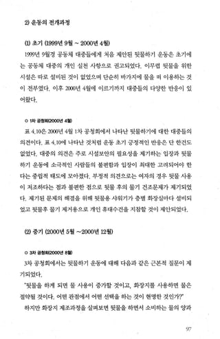 2) 운동의 전개과정
(1) 초기 (1999년 9월 ~ 2000년 4월)
1999년 9월경 공동체 대중들에게 처음 제안된 뒷물하기 운동은 초기에
는 공동체 대중의 개인 실천 사항으로 권고되었다. 이무렵 뒷물을 위한
시설은 따로 설비된 것이 없었으며 단순히 바가지에 물을 떠 이용하는 것
이 전부였다. 이후 2000년 4월에 이르기까지 대중들의 다OJ'한 반응이 있
어왔다.
。 1차 공청회(2000년 4월)
표 4. 10은 2때년 4월 1차공청회에서 나타난뒷물하기에 대한대중들의
의견이다. 표 4.10에 나타난 것처럼 운동초기 긍정적인 반응은 단한건도
없었다. 대중의 의견은 주로 시설보안의 필요성을 제기히는 입장과 뒷물
하기 운동에 소극적인 사람들의 불편함과 입장이 최대한 고려되어야 한
다는 중립적 태도에 모아졌다. 부정적 의견으로는 여자의 경우 뒷물 사용
이 저조하다는 점과 불편한 점으로 뒷물 후의 물기 건조문제가 제기되었
다. 제기된 문제의 해결을 위해 뒷물용 샤워기가 층별 화장실마다 설비되
었고 뒷물후 물기 제거용으로 개인 휴대수건을 지참할 것이 제안되었다.
(2) 중기 (2000년 5월 -2000년 12월)
。 3차 공청회(2000년 8월)
3차 공청회에서는 뒷물하기 운동에 대해 다음과 같은 근본적 질문이 제
기되었다.
”뒷물을 하게 되면 물 사용이 증가할 것이고 화장지를 사용하면 물은
절약될 것이다. 어떤 관점에서 어떤 선택을 히는 것이 현명한 것인가?"
하지만 회장지 제조과정을 살펴보면 뒷물을 하면서 소비히는 물의 양과
 