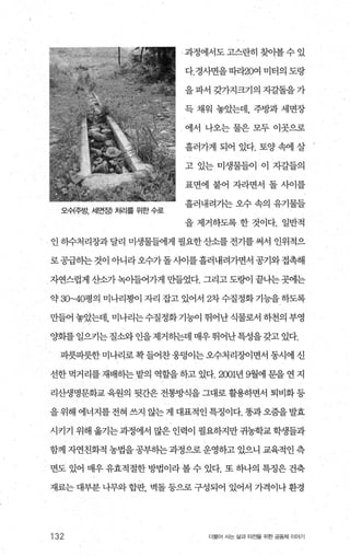 오수{주방， 세면장) 처리를 위한 수로
과정에서도 고스란히 찾아볼 수 있
다.경사면을 따라20여 미터의 도랑
을 파서 갖가지뢰의 자갈돌을 가
득 채워 놓았는데， 주방과 세면장
에서 나오는 물은 모두 이곳으로
흘러가게 되어 있다. 토양 속에 살
고 있는 미생물들이 이 자갈들의
표면에 붙어 자라면서 돌 사이를
흘러내려기는 오수 속의 유기물들
을 제거하도록 한 것이다. 일반적
인히수처리장과달리 미생물들에게 필요한산소를전기를써서 인위적으
로공급히는것이 아니라오수가돌사이를흘러내려가면서 공기와접촉해
자연스럽게 산소가녹아들어가게 만들었다. 그리고도랑이 끝나는곳에는
약 30~40명의 미나리팡이 자리 잡고 있어서 2차 수질정화 기능을 하도록
만들어 놓았는데， 미나리는 수질정화 기능이 뒤어난 식물로서 하천의 부영
양화를 일으키는 질소와 인을 제거하는데 매우 뛰어난특성을갖고 있다.
피룻파릇한미나리로꽉들어찬웅덩이는오수처리징에면서동시에신
선한 먹거리를 재배하는 밭의 역할을 하고 있다.2001년 9월에 문을 연 지
리산생명문화교 육원의 뒷간은 전통빵l을 그대로 활용하면서 퇴비화등
을위해 에너지를전혀 쓰지 않는게 대표적인특정이다. 똥과오줌을발효
시키기 위해 옮기는 과정에서 많은 인력이 필요하지만 귀농학교 학생들과
함께 자연친화적 농법을공부하는과정으로운영하고 있으니 교육적인 측
면도 있어 매우 유효적절한 방법이라 볼 수 있다. 또 하나의 특정은 건축
재료는대부분나무와합판 벽돌등으로구성되어 있어서 가격이나환경
132 더물어 사는 삶과 터전올 위한 공동체 이야기
 