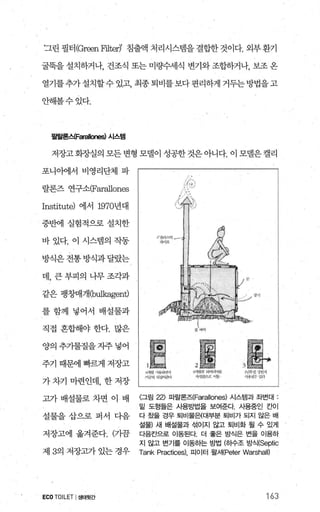 ‘그린 펼터 (Green FilterY’ 침출액 처리시스템을 결합한 것이다. 외부 환기
굴묵을 설치하거나， 건조식 또는 미량수세식 변기와 조합하거나， 보조 온
열기를추가설치할수있고， 최종퇴비를보다편리하게 거두는방법을고
안해볼수있다.
필힐론쇠Farallones) 시스템
저장고 회장실의 모든 변형 모댈이 성공한 것은 아니다. 이 모델은 캘리
포니아에서 비영리단체 파 l
랄론즈 연구소(Far머lones
Institute) 에서 1970년대
중반에 실험적으로 설치한
바 있다. 이 시스템의 작동
방식은 전통 방식과달랐는
데， 큰 부피의 나무 조각과
같은 팽창매개(b버kagen비
를함께 넣어서 배설물과
직접 혼합해야 한다. 많은
양의추기물질을자주넣어
주기 때문에 빠랙1 저장고
가 차기 마련인데， 한 저장
고가배설물로차면 이 배
설물을삽으로퍼서 다음
저장고에 옮겨준다. (가끔
제 3의 저장고가 있는 경우
ECOTOILET I생태윗간
tνrnι%ιp ‘사
7r;;썩 3서잉δKr<+
앙)1
〈그림 22> 파랄론즈(Farallones) 시스템과 좌번대
밑 도형들은 사용방법을 보여준다. 시용중인 칸이
다 쳤을 경우 퇴비물은(대부분 퇴비가 되지 않은 배
설물) 새 배설물과 섞이지 않고 퇴비화 될 수 있게
디음칸으로 이동된다 더 좋은 방식은 번을 이용하
지 않고 번기를 이동하는 방법 (하수조 방식(Septic
Tank Practices), 피이터 왈셔(Peter WarshalO
163
 
