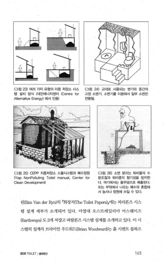 〈그림 23) 여러 가지 유형의 이중 저장소 시스 〈그림 24) 교대로 시용되는 변기와 중간의
템 설치 방식 (대안에너지센터 (Centre for 고정 소변기. 소변기를 이용해서 일부 소변은
Alternative Energy) 에서 인용) 전환될.
〈그림 25) CEPP 지중저장소 스물시스템과 펴|수정원 〈그림 26) 소변 분리는 토l비물의 수
(Yap NonPolluting Toilet manual, Center for 문조절과 퇴비콩의 험기성을 방지한
Clean Development) 다 여기에서는 돌무덤으로 배출된다
또는 부엌에사 나오는 폐수와 혼합애
서 농사나 정원에 쓰일 수 있다
린(Sim Van der Ryn)의 r회장지(The Toilet Papers)J에는 피라론즈 시스
멈 설계 세부가 소개되어 있다. 아열대 오스트레일리아 어스웨이즈
E뼈ways) 도 3개 저장고 파랄론즈 시스랩 설계를 소개하고 있다. 01 시
스뱀의 설계자 브라이언 우드워드(Brian W<∞dwarφ는 흙 시벤트 블록으
ECO TOILET I생태뒷간 165
 