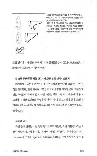 ;號c
싱겨
.I강2
1 ~그림 35) 단순유형의 물 뭇기 수세식 변기
(McGill 대학 저가격주택센터의 5갤론 수세
식 번기의 방지프로그램)
물은 s 자 방취관에 고여 냄새의 역류를 방
지하고， 변소와 퇴비소 사이의 박을 형성한
다. 이 번기들은 위로부터 물을 부어야 한다.
(이상적인 방법은 중수물을 시용하는 것)
트랩 변기에서 배설물， 회장지 ， 기타 첨가물을 2-4 (50.8-101，6mm)인치
파이프로내려보낼수있어야한다.
4) 소변 빌항전환 배출 변가 대소변 분리 변까 소변기
퇴비실에서 소변을 분리하는것은관리하고살펴야할 침출액이 적다는
것을 의미한다. 뿐만 아니라 소변을 비료로 활용할 기회를 준다 고체인 대
변은 소변없이 퇴비가 된다. 사실 가끔은 악취가 덜 하기 때문에 더 좋다.
그러나， 분리한소변으로무엇을할 것이냐를우선 고려해야한다. 소변분
리배출 변기는 세척물의 사용여부에 따라서 수세식과 건조식으로 나누어
볼수있다.
소변전환변기
소변 분리 변기는 소변 전환 변기라고도 하는데， 소변 전환변기라는 표
현이적합하다. 왜냐하면 ， 소변이 대변 ， 화장지 ， 추가물(EPTA :
않crement， Toilet Paper and Additive) 혼합되기 전에 방향을 바꾸는 것
ECOTOILET I생태뒷간 185
 