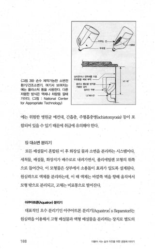 〈그림 39) 손수 제작가능한 소변전
환기/건조소변기. 여기서 보여지는
예는 플라스틱 통을 사용한다. 다른
저럼한 방식은 액체나 차량용 낄때
기이다 (그림 National Center
for Appropriate Technology)
μ，"-16"
에는 위험한 병원균 예컨대， 간흡충， 주혈흡충병 Cschistomyosis) 등이 포
함되어 있을수 있기 때문에 취급에 유의해야한다.
5) 대소변분리기
모든 배설물이 혼합된 이 후 회장실 물과소변을분리하는 시스템이다.
세척물， 배설물， 회창지가 배수로로 내려가면서， 폴리에틸렌 모형의 위쪽
으로 들어간다. 이 모형물은 상부에서 소용돌이 효과가 일도록 설계된다.
원심력으로 액체를 분라히는데， 이 때 액체는 비깥쪽 벽을 향해 움직여서
모형 밖으로 분리되고， 고체는 비료통으로 떨어진다.
01쿠아트흰때떠hα，) 분리기
대표적인 오수 분리기인 아쿠아트론 분리기어quatron’ s Separator)는
원심력을 이용해서 고형 배설물과 액형 배설물을 분리하는 장치로 별도의
188 더불어 사는 싫과 터전을 위한 공동체 이야기
 