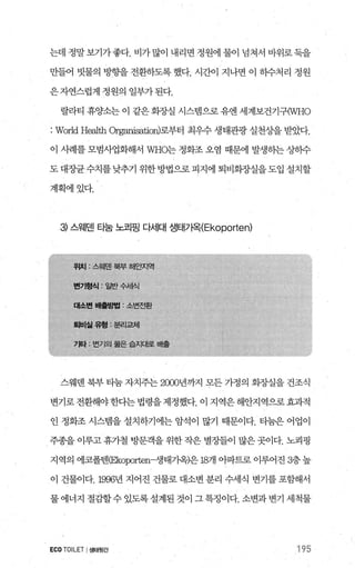 는데 정말보기가좋다. 비가많이 내리면정원에물이 넘쳐서 바위로둑을
만들어 빗물의 방향을 전환하도록 했다. 시간이 지나면 이 히수처리 정원
은자연스럽게정원의일부가된다.
랄라티 휴양소는 이 같은 회장실 시스템으로 유엔 세계보건기구(WHo
: World Health OrganisatioUl로부터 최우수 생태관광 실천상을 받았다.
이 사례를 모범사업화해서 WHO는 정화조 오염 때문에 발생하는 상하수
도 대장균 수치를 낮추가 위한 방법으로 피지에 퇴비회장실을 도입 설치할
계획에있다.
3 스웨덴 타눔 노코|핑 다세대 생태가옥(Ekoporten)
위치 :스웨덴북부
스웨덴 북부 타눔 자치주는 2000년까지 모든 가정의 회장실을 건조식
변기로전환해야한다는법령을제정했다. 이 지역은해안지역으로효과적
인 정화조 시스랩을 설치하기에는 암석이 많기 때문이다. 타눔은 어업이
주종을 이루고 휴가철 방문객을 위한 작은 별징!들이 많은 곳이다. 노콰핑
지역의 에코폴댄따wporten-생태가옥)은 187~ 아파트로 이루어진 3층 높
이 건물이다. 1996년 지어진 건물로 대소변 분리 수세식 변기를 포함해서
물에너지 절감할수 있도록설계된 것이 그특정이다. 소변과변기 세척물
ECOTOILET I생태뒷간 195
 