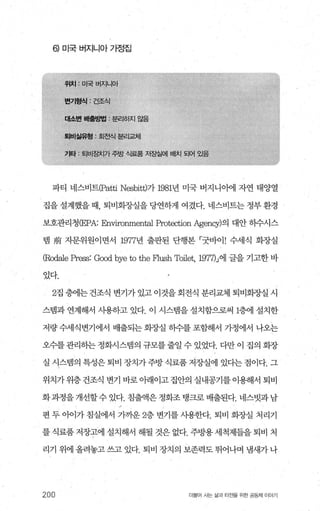 히미국버지니아기정집
퇴비샅유형 : 회전식 분g파체
기타 : 퇴비Et치가주방 식료품 저장실에 배치 되어 %응
파티 네스비트(Patti Nesbitt)가 1981년 미국 버지니아에 자연 태양열
집을 설계했을 때， 퇴비회..7.J실을 당연하게 여겼다. 네스비트는 정부 환경
보호관리청(EPA Environmerr뼈 암'Otectiorr Agerrcy)의 대안 히수시스
템 前 자문위원이면서 1977년 출판된 단행본 「굿바이! 수세식 화장실
(Rodale Press: Good bye to the Flush Toilet, 1977)J에 글을 기고한 바
있다.
2집 층에는 건조식 변기가 있고 이것을 회전식 분리교체 퇴비회장실 시
스댐과 연계해서 사용하고 있다. 이 시스탱을 설치함으로써 1층에 설치한
저량 수세식변기에서 배출되는 화증L실 히수를 포함해서 가정에서 나오는
오수를 관리하는 정화시스뱀의 규모를 줄일 수 있었다. 다만 이 집의 화장
실 시스템의 특성은 퇴비 장치가 주방 식료품 저장실에 있다는 점이다. 그
위치가 위층 건조식 변기 바로 아래이고 집안의 실내공기를 이용해서 퇴비
화과정을개선할수있다. 침출액은정화조탱크로배출된다. 네스빗과남
편 두 아어가 침실에서 가까운 2층 변기를 사용한다. 퇴비 회장실 처리기
를 식료품 저장고에 설치해서 해될 것은 없다. 주방용 세척제들을 퇴비 처
리기 위에 올려놓고 쓰고 있다. 퇴비 장치의 보존력도 뛰어나며 냄새가 나
200 더물어 사는 삶과 터전을 위한 공동체 이야기
 