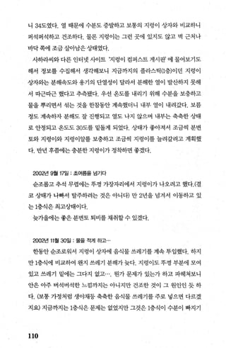 니 34도였다. 열 때문에 수분도 증발하고 보통의 지렁이 상자와 비교하니
퍼석퍼석하고 건조하다. 물론 지렁이는 그런 곳에 있지도 않고 벽 근처나
바닥 쪽에 조금 살아남은상태였다.
사하라씨와 다른 인터넷 사이트 ‘지렁이 컴퍼스트 게시판’ 에 물어보기도
해서 정보를 수집해서 생각해보니 지금까지의 플라스틱 (1층)이던 지렁이
상자외는분해속도와용기의 단열성이 달라서 분해한 열이 발산하지 못해
서 따근띠근 했다고 추측됐다. 우선 옹도를 내리기 위해 수분을 보충하고
물을 뿌리면서 섞는 것을 한참동안 계속했더니 내부 열이 내려갔다. 보름
정도 계속하자 분해도 잘 진행되고 열도 나지 않으며 내부는 축축한 상태
로 안정되고 옹도도 30도를 밑돌게 되었다. 상태가 좋아져서 조금씩 분변
토와 지렁이와 지렁이알를 보충하고 조금씩 지렁이를 늘려갈려고 계획했
다. 반년후쯤에는충분한지렁이가정착하면좋겠다.
2002년 9월 17일 : 초여름을 넘기다
순조롭고추석 무렵에는뚜껑 가장자리에서 지렁이가나오려고했다. (결
코 상태가 나빠서 탈주하려는 것은 아니다) 만 2년을 넘겨서 이동하고 있
는 1층죄은 최고상태이다.
늦가을에는 좋은분변토 퇴비를 채취할 수 있겠다.
2002년 11월 30일 : 물을 적게 하고...
한동안 순조로워서 지렁이 상자에 음식물 쓰레기를 계속 투입했다. 하지
만 1층식에 비교하여 웬지 쓰레기 분해가늦다. 지렁이도뚜껑 부분에 모여
있고 쓰레기 밑에는 그다지 없고 뭔가 문제가 있는가 하고 파헤쳐보니
안은 아주 버석버석한 느낌까지는 아니지만 건조한 것이 그 원인인 듯 하
다. (보통 가정처럼 생야채등 축축한 음식물 쓰레기를 주로 넣으면 다르겠
지요) 지금까지는 1층식은 문제는 없었지만 그것은 1층식이 수분이 빠지기
110
 