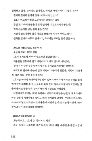 번식하고 있다. 잔파리도 없어지고 하지만 냄내가 안나니 좋은 건가?
질퍼덕 질퍼덕 물기가 많다…이것이 원인인가?
2호는 비교적 안정된 모습이지만 날파리는 많다.
뚜껑 뒤 가득히 물방울이 맺혀 있어서 더 건조시켜야 좋은지?
역시 신문지를 넣는 편이 좋은 건가?
지렁이 심포지엄에 참가 메일을 보냈는데 아무런 연락도 없다!
전화를걸어도아무도안나오고 초보자는부르는곳이 없군요...1
2000년 10월 감일(퇴 흐린 뒤 비
오늘의 식료 : 1호기 없음
1호기 철저분석. 아마 이대로라면 전멸할지도
내용물을 %똥이에 덜고 지렁이와그 밖의 것으로 나누었다.
윗쪽은이상한생물이먹이에잔뜩붙어있고지렁이는안보인다.
바닥으로 갈수록 수분이 많고 지렁이가 구석에 있었다. 지렁이가 52마
리， 알은가득. 알만죽은것인가?
1호기는 바닥에 바닥뚜껑처럼 발이 있어서 액비가 내려가고 뚜껑을 돌리
면 액비만채취할수 있는구조로 되어 있다. 발에서 지렁이가도망가는 것
을 막을려고 발을 깔은 것이 나쨌는지 분변토로 막혀있다.
이번 대책으로서는 1호기 측면에서 바닥까지 구멍을 늘렸다. 제오라이트
라는 광물이 지령이에게 좋다고 해서 원예점에 있기에 구입해서 피트머스
와 섞어서 넣었다.과연 이것이 좋은지 어떤지 알 수 없지만 통기성과 PH조
절이 조금은 개선되리라 생각한다.
2000년 10월 28일(일) 비
오늘의 식료 : 1호기 감， 차찌꺼기， 사과
오늘 ‘지렁이 심포지엄’ 에 갔다 왔다. 우와! 이런 에너지! 우리 집 지렁이
114
 