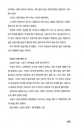 상자외는 전혀 다르다! 먹이는 가득 들어 있고 꾸깃꾸깃한 신문지도 가득
들어있다.
그리고 지렁이들도 먹이 먹는 기세가 대단하다.
1, 2단의 컴퍼스트 용기는 진흙으로 되어 있고， EM균 %똥이도 지렁이
컴퍼스트 용기로 사용하고 있었다.
뚜껑에 구멍이 있었을 뿐 이것으로 괜찮은가? 우리 집 1호기는 상당히
공기구멍을 뚫어도 뚜껑에 물이 맺히는데 신문지가 역시 포인트인가? 나
의 경우 처음에 지렁이가 신문지에 말려 죽었었기 때문에， 낡은 타올이나
넓은 신문지를 덮듯이 했지만뭉친 신문지에 의미가 있는지도 모른다.
즉시 먹이와 신문지를 추가했다. 그리고 무엇보다 중요한 것은 지렁이를
너무 빙빽하지 않는 것이다.
2000년 11월 1 일(수) 비
오늘의 식료 : 1호기 사과껍질， %따 당근찌꺼기
지렁이 하우스 강화작전! 우리집 지렁이 상자는 지금 이상한 생물이 대
량 발생하고 있다. 지렁이 상자에 발생하는 진드기는 해가 없는 것이 대부
분이라고 하지만 적갈색인 것이 발생하면 좋지 않은 듯...우리 것은 정말
적갈색. 그리고 하얀 부글부글한 것도 날마다 번식 중...이 녀석은 아군일
까 적군일까? 모처럼 먹이를 먹으려고 나온 지렁이에 군집해 있는 것을 보
니 분명히 적이다! 지렁이도 진드기 하우스 따위에 지지 않으면 좋으련만.
52마리와 알만으로는 아무리 작은 지렁이 상자라고 하지만 전력부족이
므로재차지렁이증량.
지렁이 심포지엄에서 EMO.}동이 사이즈는 250g 정도가 적량이라고 해
서 300g 정도 넣었다.
2호기에도1. 5정도증량... 좀과밀한느낌.
115
 