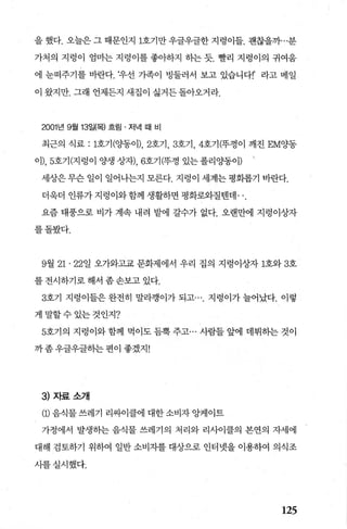 을 했다. 오늘은 그 때문인지 1호기만 우글우글한 지렁이들. 괜찮을까'"분
가처의 지렁이 엄마는 지렁이를 좋아하지 하는 듯. 빨리 지렁이의 귀여움
에 눈떠주기를 바란다. ‘우선 기족이 빙둘러서 보고 있습니다!’ 라고 메일
이 왔지만. 그래 언제든지 새집이 싫거든돌아오거라.
2001 년 9월 13일(목) 흐림 · 저녁 때 비
최근의 식료 : 1호기 (OJ똥이)， 2호기 ， 3호기 ， 4호기(뚜껑이 깨진 EMOcl똥
이)， 5호기(지렁이 양생상재， 6호기(뚜껑 있는폴리%똥이) 、
세상은무슨 일이 일어나는지 모른다. 지렁이 세계는평회롭기 바란다.
더욱더 인류가지렁이와함께생활하면평화로와질텐데
요즘 태풍으로 비가 계속 내려 밭에 갈수가 없다. 오랜만에 지렁이상자
를돌봤다.
9월 21 , 22일 오가와고교 문화제에서 우리 집의 지렁이상자 1호와 3호
를 전시하기로 해서 좀 손보고 있다.
3호기 지렁이들은 완전히 말라갱이가 되고 지렁이가 늘어났다. 이렇
게말할수있는것인지?
5호기의 지렁이와 함께 먹이도 듬뿔 주고.. , 사람들 앞에 데뷔히는 것이
까좀우글우글히는편이 좋겠지!
3) 자료소개
(1) 음식물 쓰레기 리싸이클에 대한 소비자 앙케이트
가정에서 발생하는 음식물 쓰레기의 처리와 리사이클의 본연의 자세에
대해 검토하기 위하여 일반 소비지를 대상으로 인터넷을 이용하여 의식조
사를실시했다.
125
 
