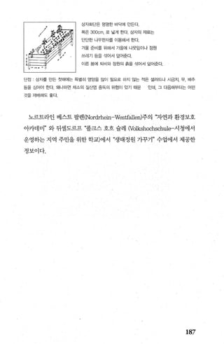 상자화단은 평영한 비닥에 만든다.
폭은 3OOcm, 로 넓게 한다 상자의 재료는
단단한 나무판자를 01용해서 한다
겨울 준비를 위해서 가을에 나뭇잎이나 정원
쓰레기 등을 섞어서 덮어준다
이른 봄에 퇴비와 정원의 흙을 섞어서 덮어준다.
단점 상지를 만든 첫해에는 특별히 영앙을 많이 필요로 하지 않는 적은 셀러드나 시금치， 무， 배추
등을 심어야 한다 왜냐하면 채소의 질산염 중독의 위험이 있기 때문 인데， 그 다음해부터는 어떤
것을재배해도좋다.
노르트라인 베스트 팔렌(Nordrhein-Westfallen)주의 ‘자연과 환경보호
아카데미” 와 뒤셀도르프 “폴크스 호흐 슐레 (Volkshochschule-시청에서
운영히는 지역 주민을 위한 학교)에서 “생태정원 가꾸기” 수업에서 제공한
정보이다.
187
 