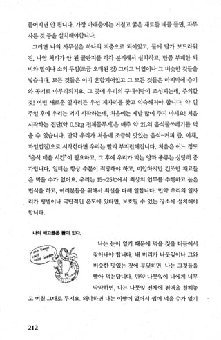 들어지면 안 됩니다. 가장 아래층에는 거칠고 굵은 재료들 예를 들면， 자무
자른 것 등을 설치해야합니다.
그러면 나의 사무실은 하나의 지층으로 되어있고， 물에 담가 보드라워
진， 나염 처리가 안 된 골판지를 각각 분리해서 설치하고， 반쯤 부패한 퇴
비와 말이나 소의 두엄(조금 오래된 것) 그리고 낙엽이나 그 비슷한 것들을
넣습니다. 모든 것들은 이미 혼합되어있고 그 모든 것들은 마지막에 습기
와 공기로 마무리되지요. 그 곳에 우리의 구내식당이 조성되는데， 주의할
것! 어떤 새로운 일자리든 우선 제자리를 찾고 익숙해져야 합니다. 약 일
주일 후에 우리는 먹기 시작하는데 처음에는 제발 많이 주지 마세요! 처음
시작하는 집단(약 O.5kg 전체몸무게)은 매주 약 2L의 음식물쓰레기를 먹
을 수 있습니다. 만약 우리가 처음에 조금씩 맛있는 음식-커피 즙. 야채，
과일껍질)으로 시작한다면 우리는 빨리 부지런해집니다. 처음은 어느 정도
“음직 데울 시간”이 펼요하고 그 후에 우리가 먹는 양과 종류는 상당히 증
가합니다. 일터는 항상 수분이 적당해야 하고 미안하지만 건조한 재료들
은 먹을 수가 없어요. 우리는 15~250C에서 최상의 업무를 수행하고 높은
번식을 하고， 여러분들을 위해서 최선을 다해 일합니다. 만약 우리의 일자
리가 맹볕이나 극단적인 용도에 있다면 보호될 수 있는 장소에 설치해야
합니다.
나의 배고를온 풀이 없다.
나는 눈이 없기 때문에 먹을 것을 더듬어서
찾아내야 합니다. 내 머리가 나뭇잎이나 그와
비슷한 맛있는 것에 부딪히면i 나는 그것들을
빨아 먹는답니다. 만약 나뭇잎이 나에게 너무
딱딱하면， 나는 나뭇잎 전체에 점액을 칠해놓
고 며칠 그대로두지요. 왜냐하면 나는 이빨이 없어서 씹어 먹을수가 없기
212
 