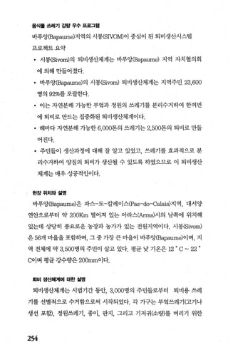 음식톨 쓰레기 감량 우수 프로그램
바푸앙(Bapaume)지역의 시봉(SNOM)이 중심이 된 퇴비생산시스랩
프로젝트요약
• 시봉{Sivom)의 퇴비생산체계는 바푸앙(Bapaume) 지역 자치협의회
에의해만들어졌다.
• 바푸앙(Bapaume)의 시봉(Sivom) 퇴비생산체계는 지역주민 23,600
명의 92%를포괄한다.
• 이는 자연분해 가능한 부엌과 정원의 쓰레기를 분리수거하여 한꺼번
에 퇴비로 만드는 집중화된 퇴비생산체계이다.
• 해마다 자연분해 가능한 6，000톤의 쓰레기는 2，500톤의 퇴비로 만들
어진다.
• 주민들이 생산과정에 대해 잘 알고 있었고 쓰레기를 효과적으로 분
리수거하여 양질의 퇴비가 생산될 수 있도록 하였으므로 이 퇴비생산
체계는 매우 성공적인이다.
현장위치와설명
바푸앙(Bapaume)은 파스-도-칼레이스(Pas-do-Calai히지 역， 대서양
연안으로부터 약 200Krn 떨어져 있는 아라스(따Tas)시의 남쪽에 위치해
있는데 상당히 풍요로운 농장과 농가가 있는 전원지역이다. 시봉(Sivom)
은 56개 마을을포함하며， 그중가장큰미을이 바푸앙(Bapaume)이며， 지
역 전체에 약 3， 500명의 주민이 살고 있다. 평균 낮 기옹은 120C~22 。
C이며 평균 강수량은 200mm이다.
퇴비 생산체계에 대한 설명
퇴비생산체계는 시범기간 동안 3.000명의 주민들로부터 퇴비용 쓰레
기를 선별적으로 수거함으로써 시작되었다. 각 기구는 부엌쓰레기(고기나
생선 포햄， 정원쓰레기， 종이， 판지， 그리고 기저귀(소량)를 버리기 위한
254
 