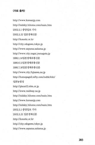 〈자료출처〉
http://www.korearijp.com
http://nidsky.hihome.com/main.htm
2002.5.1 중앙일보 기사
2002.5.31 일본경제신문
http://konetic.or.kr
http://city.edogawa.tokyo.jp
http://www.say없na.잃itama.jp
http://www.city.nagai.yamagata.jp
1998.1.14일본경제유통신문
1998.6.11일본경제유통신문
1998.7.16일본경제유통신문
http://www.city.fujisawa.ne.jp
http://homepage2.nifty.com/mdtklkiki/
일본농림성
httφp:끼/μ/p피，la없za려12.mbn.o야r.J
httpν:끼/μ/www.raidway.ne.jp
http://nidsky.hihome.com/main.htm
http://www.koreanjp.com
http://nidsky.hihome.com/main.htm
2002.5.1 중앙일보 기사
2002.5.31 일본경제신문
http://konetic.or.kr
http://city.edogawa.tokyo.jp
http://www.sayama.잃i떠ma.jp
283
 