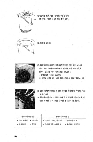46
분해하기쉬운것
@ 음식물 쓰레기를 밀폐용기에 넣는다
(수박이나 멜론 등 큰 것은 잘게 엔다)
@뚜껑을덮는다.
@ 흰곰팡이가 생기면 가든백(정원가방)으로 옮겨 넣는다.
위에 계속 재료를 보충하연서 퇴비를 만들 수가 있다.
벌레나 냄새를 막기 위해 흙을 투입한다-
- 발효하여 온도가 올라간다.
※ 베란다에 둘 때는 벽돌 등을 두어 그 위에 올려놓는다.
@ ~면} 개폐식이므로 완성된 퇴비를 아래에서 꺼내어 사용
할수있다.
※ 음식물쓰레기는 1. 잘게 씬다 / 2. 쌀겨를 섞는다/ 3. 수
분을 제거한다/4. 흙을 섞으면 통기성이 좋아진다.
분해하기 어려운 것
• 야채쓰레기 • 과일껍질 • 어때류나 계란， 게 겁질 • 생선이나닭뼈
• 차찌꺼기 ·꽃등 • 야채나과일 심지나씨 • 콩끽지나앙파껍질
 