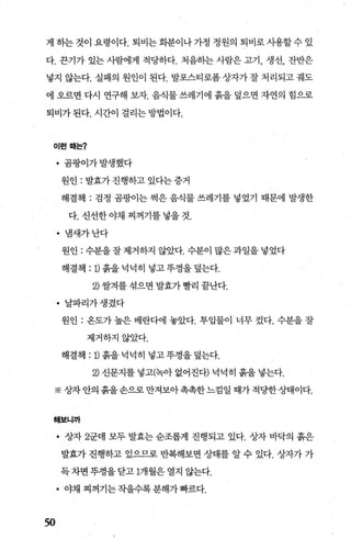 게 하는 것이 요령이다. 퇴비는 화분이나 가정 정원의 퇴비로 사용할 수 있
다. 끈기가 있는 사람에게 적당하다. 처음하는 사람은 고기， 생선， 잔반은
넣지 않는다. 실패의 원인이 된다. 발포스티로폼 상자가 잘 처리되고 궤도
에 오르면 다시 연구해 보자. 음식물 쓰레기에 흙을 덮으면 자연의 힘으로
퇴비가 된다. 시간이 걸리는 방법이다.
이런때는?
• 곰팡이가발생했다
원인 : 발효가 진행하고 있다는 증거
해결책 : 검정 곰팡이는 썩은 음식물 쓰레기를 넣었기 때문에 발생한
다. 신선한 야채 찌꺼기를 넣을 것.
• 냄새가난다
원인 : 수분을 잘 제거하지 않았다. 수분이 많은 과일을 넣었다
해결책 :1) 흙을 넉넉히 넣고 푸껑을 덮는다.
2) 쌀겨를 섞으면 발효가 빨리 끝난다.
• 날파리가생겼다
원인 : 온도가 높은 베란다에 놓았다. 투입물이 너무 컸다. 수분을 잘
제거하지않았다.
해결책 : 1) 흙을넉넉히 넣고뚜껑을덮는다.
2) 신문지를 넣고(녹아 없어진다) 넉넉히 흙을 넣는다.
※ 상자안의흙을손으로만져보아촉촉한느낌일때가적당한상태이다.
해보니까
50
• 상자 2군데 모두 발효는 순조롭게 진행되고 있다. 상자 바닥의 흙은
발효가 진행하고 있으므로 반복해보면 상태를 알 수 있다. 상자가 가
득 차면 뚜껑을 닫고 1개월은 열지 않는다.
• 야채 찌꺼기는 작을수록 분해가 빠르다.
 