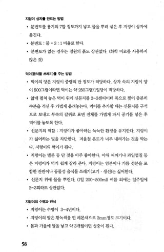 지렁이 SY자톨 만드는 밑법
• 분변토를용기의 7할정도까지 넣고물을뿌려 섞은후지렁이 상자에
옮긴다.
• 분변토 : 물 = 3: 1 비율로 한다.
• 분변토가 없는 경우는 정원의 흙도 상관없다. (화학 비료를 사용하지
않은것)
먹이(음식물 쓰레기}톨 주는 방법
• 먹이의 양은지렁이 중량의 반정도가 적당하다. 상자속의 지렁이 양
이 500그램이라면 먹이는 약 250그램/1일당이 적당하다.
• 앓게 펼쳐 놓은 먹이 위에 신문지를 2~3센티미터 폭으로 찢어 충분히
수분을 적신 후 가볍게 올려놓는다. 먹이를 추가할 때는 신문지를 구석
으로 보내고 부속의 갈퀴로 표면 전체를 가볍게 파서 공기를 넣은 후
먹이를놓도록한다.
• 신문지의 역할 : 지렁이가 좋아하는 녹녹한 환경을 유지한다. 지렁이
가 싫어하는 빛을 차단한다. 겨울철 온도가 너무 내려가는 것을 막는
다. 지렁이의 벅이가된다
• 지렁이는멜론등단것을아주좋아한다. 야채 찌꺼기나과일껍질등
은 지렁이가 먹기 쉽게 잘라 준다. 지렁이는 염분이나 기름 성분을 포
함한 잔반이나 동물성 음식물 쓰레기(고기 · 생선)는 싫어한다.
• 신문지 위에 물을 뿌린다. (1일 200~50Or피) 여름 외에는 일주일에
2~3회라도 상관없다.
지렁이의수명과번식
• 지렁이는 수명이 3~4년이다.
• 지렁이의알은황녹잭을띤레몬색으로 3mm정도크기이다.
• 봄과 가을에 알을 낳고 약 3개월이면 성충이 된다.
58
 