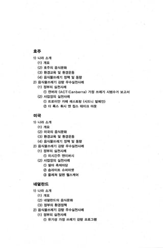 호주
1) 나라 소개
(1) 개요
(2) 호주의 음식문화
(3) 환경교육 및 환경운동
(4) 음식물쓰레기 정책 및 동항
2) 음식물쓰레기 감랑 우수실천사례
(1) 정부의 실천사례
@ 캔버라 (ACT:Canberra) 가정 쓰레기 시범수거 보고서
(2) 사업장의 실천사례
미국
@ 트로이얀 카메 레스토랑 (시드니 발메인)
@ 더 록스 휘시 앤 칩스 테이크 아웃
1) 나라 소개
(1) 개요
(2) 미국의 음식문화
(3) 환경교육 및 환경운동
(4) 음식물쓰레기 정책 및 동항
2) 음식물쓰레기 갑랑 우수실천사례
(1) 정부의 실천사례
@ 미시간주 앤이버시
(2) 사업장의 실천사례
(j) 댈마 축제마당
@숍라이트슈퍼마켓
@풀레쳐 알렌 헬스케어
네멀란드
1) 나라 소개
(1) 개요
(2) 네덜란드의 음식문화
(3) 정부의 환경정책
2) 음식물쓰레기 감량 우수실천사례
(1) 정부의 실천사례
@ 유기성 가정 쓰레기 감랑 프로그램
 